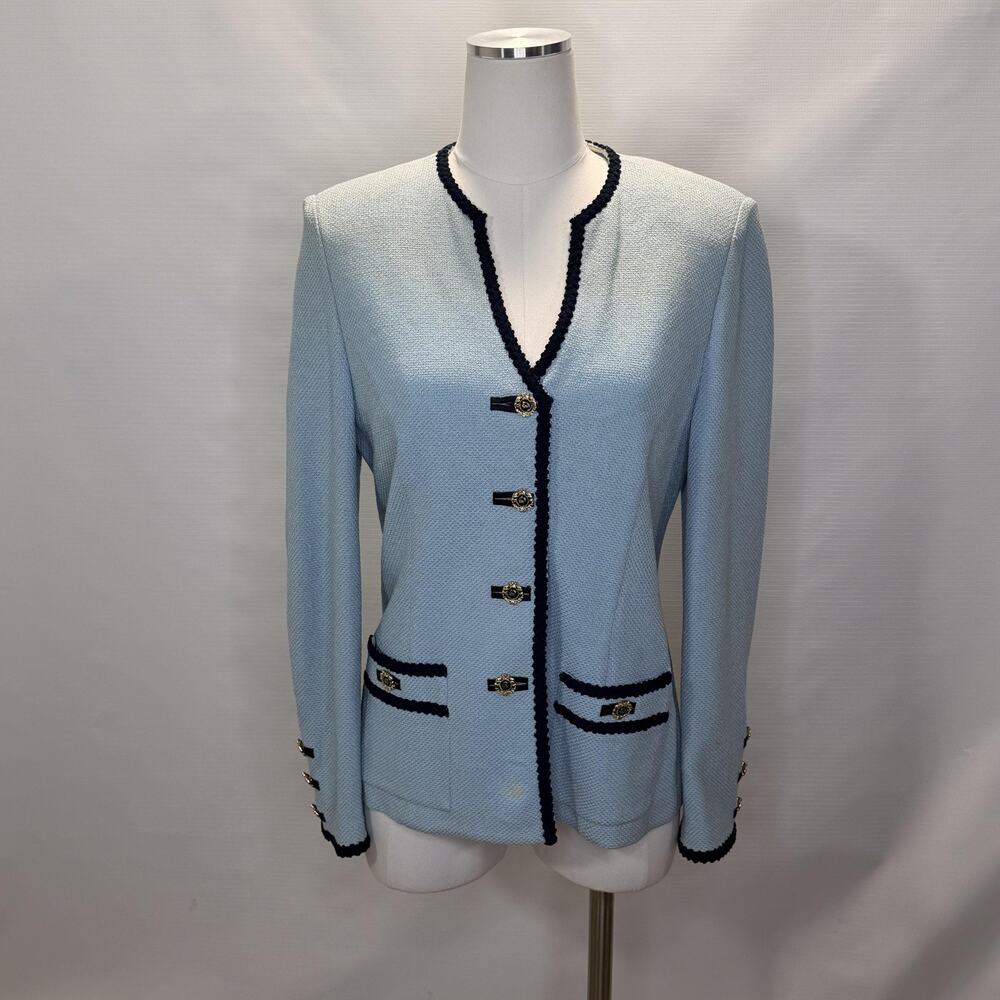 St John Collection Blazer Jacket Womens 8 Blue Santana Knit Trim Logo Button USA